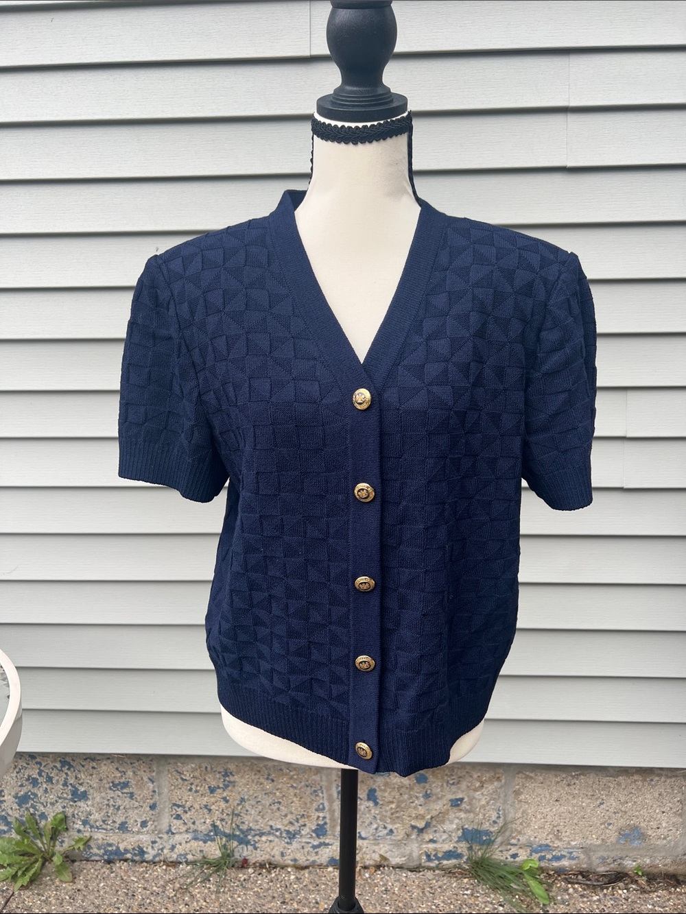 St. John Navy Textured Short-Sleeve Cardigan with Gold Buttons